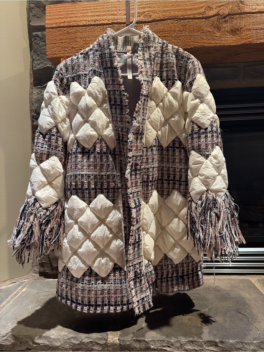 Diamonddazzle Quilted Tweed Fringe Patchwork Coat - Cream & Multicolor